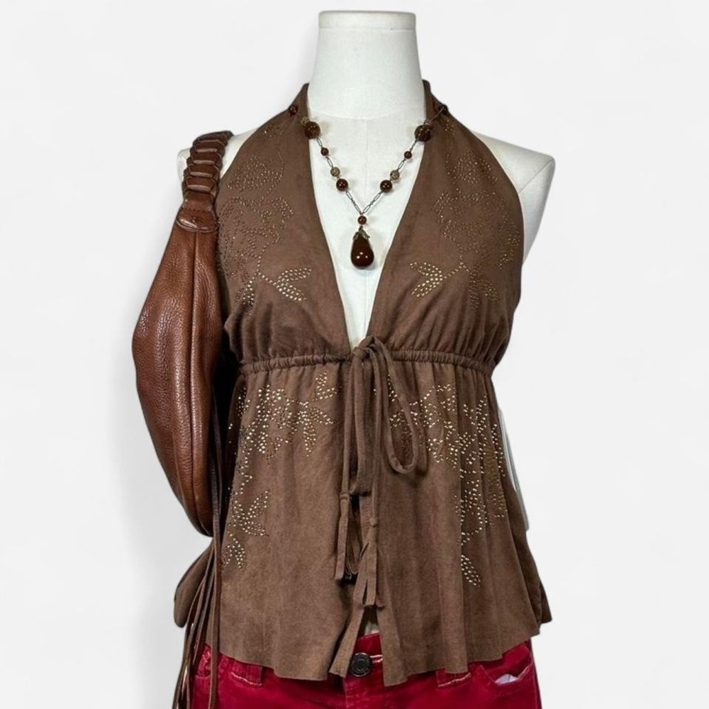 NWT Moa Moa Rhinestone Embellished Tie Front Halter Top Womens S Boho Festival
